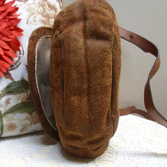 Coldwater Creek Suede Leather Brown Paisley Crossbody Bag - Picture 6 of 10